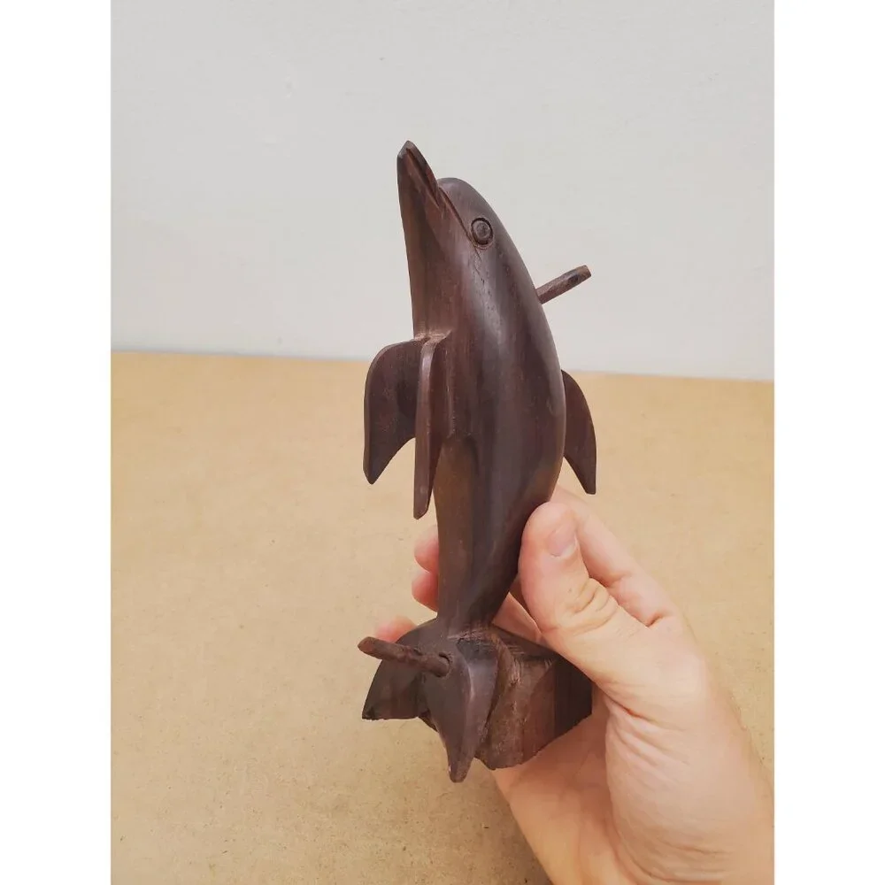 Vintage Hardwood Dolphin Statue Wood Carving, Rustic Nautical Beach Home Decor - Picture 9 of 15